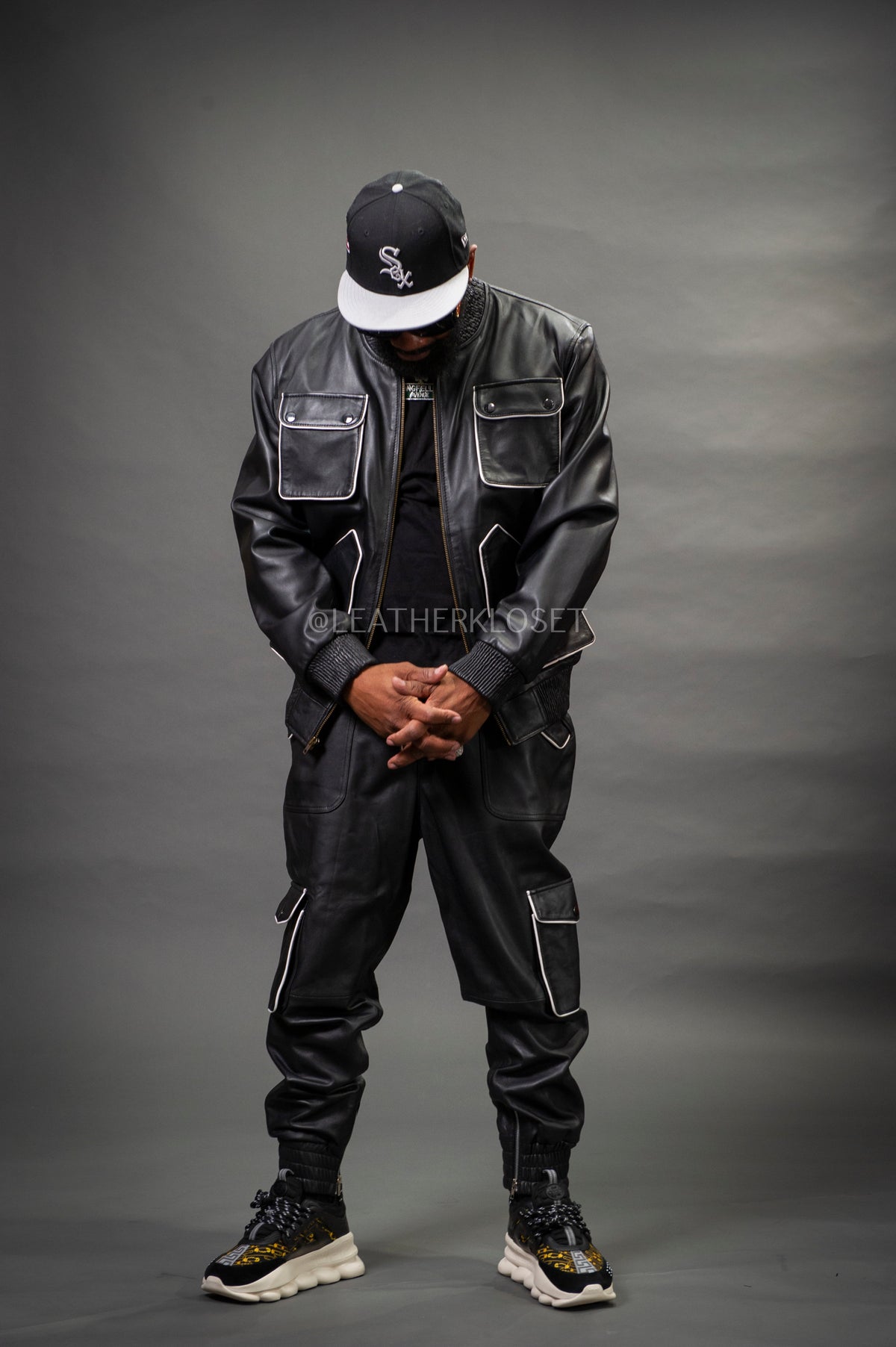 Men's Tron Leather Track Suit Sweatsuit [Black/White]