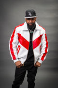 Men's V-Baseball Bomber Pony Leather Jacket [White/Red]