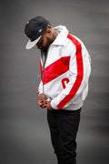 Men's V-Baseball Bomber Pony Leather Jacket [White/Red]