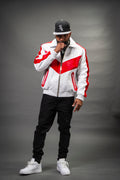 Men's V-Baseball Bomber Pony Leather Jacket [White/Red]