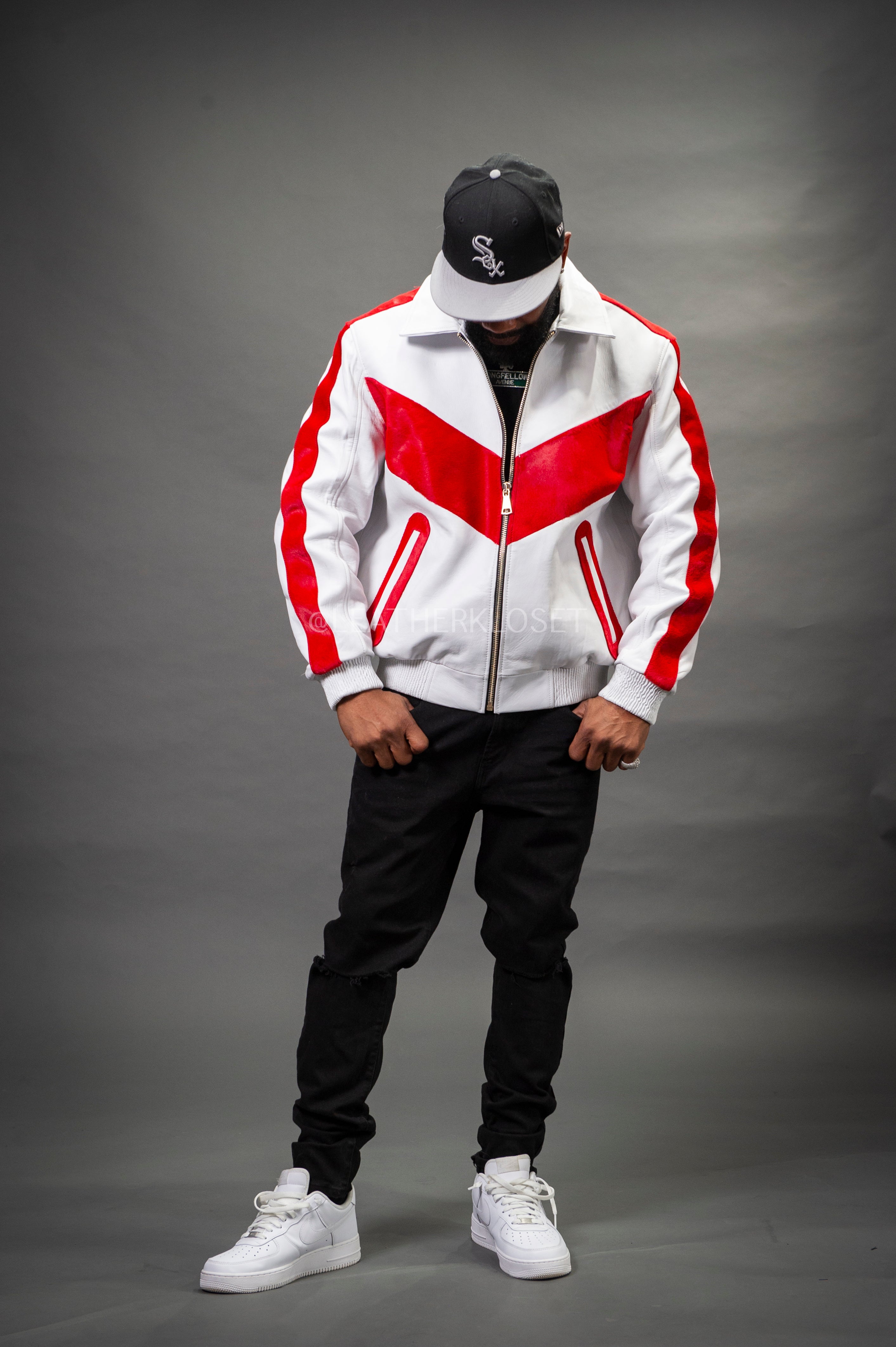 Men's V-Baseball Bomber Pony Leather Jacket [White/Red