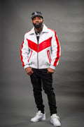 Men's V-Baseball Bomber Pony Leather Jacket [White/Red]