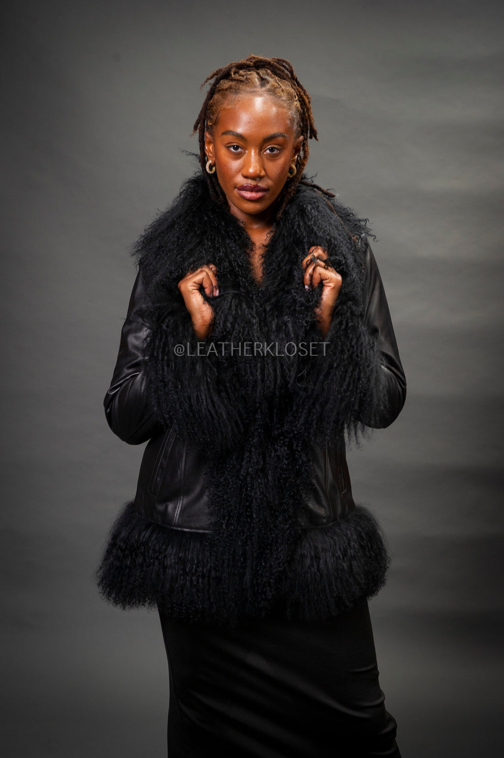 Women's Hazel Leather And Mongolian Fur [Black/Black]