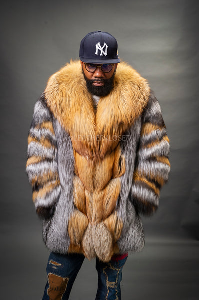 【CERRIC】BIG COLLAR FUR JACKET (2COLORS) Leather Jacket with Crystal Fox Fur Collar in Biker Style