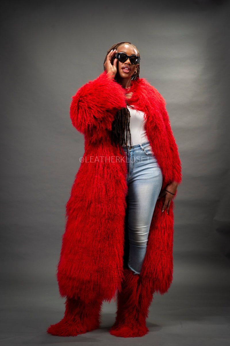 Women's Imani Mongolian Fur Trench Coat [Red]