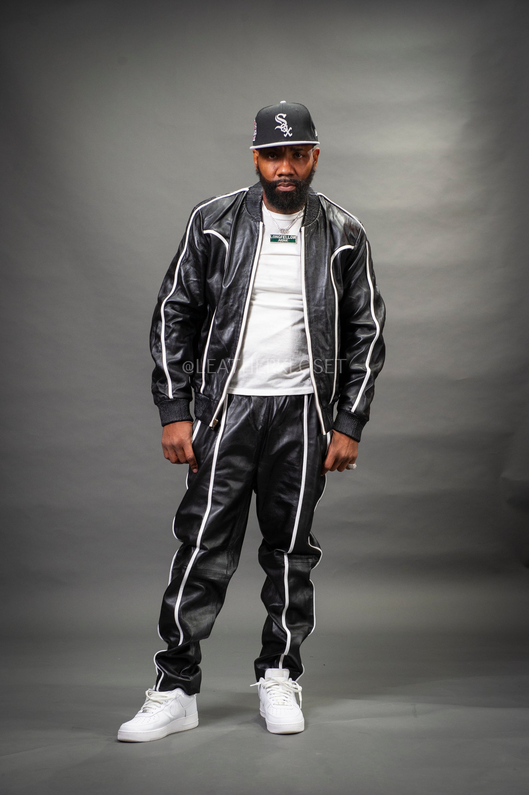 Men's Brayden Leather Track Suit Sweatsuit [Black/White