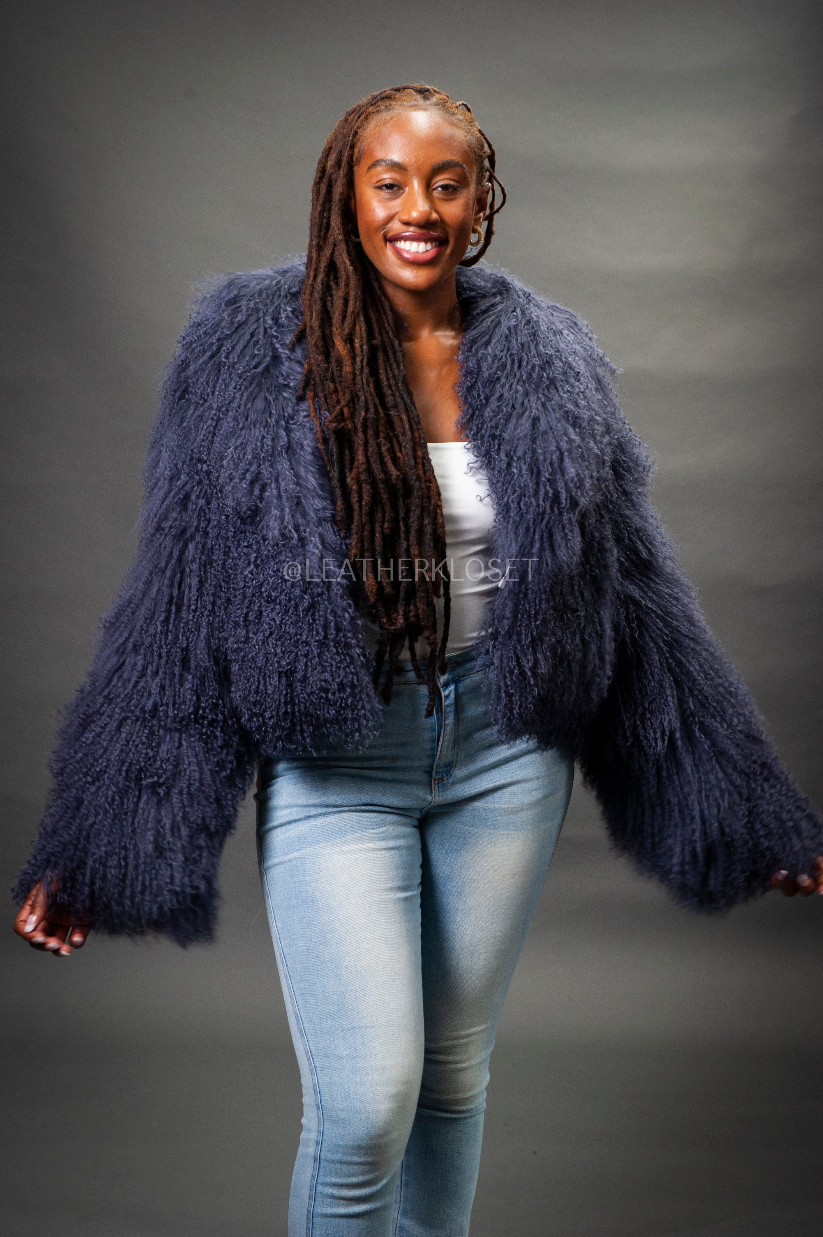 Women's Nala Mongolian Fur Jacket [Blue] – LeatherKloset