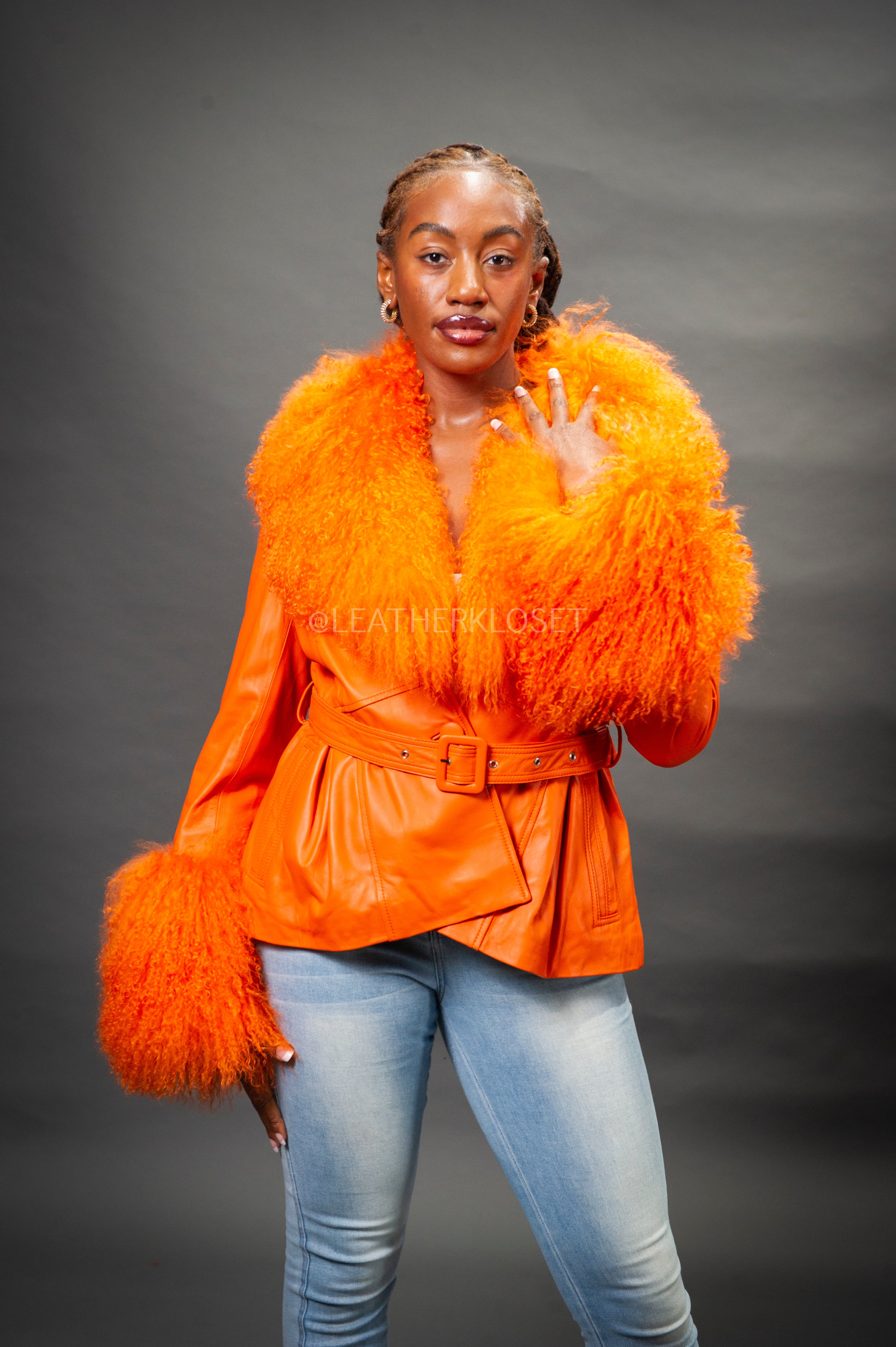 Women's Zahara Leather And Fox Combo Jacket [Orange] – LeatherKloset