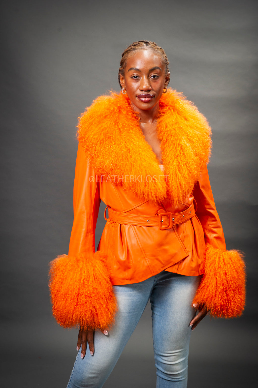 Women's Zahara Leather And Fox Combo Jacket [Orange]