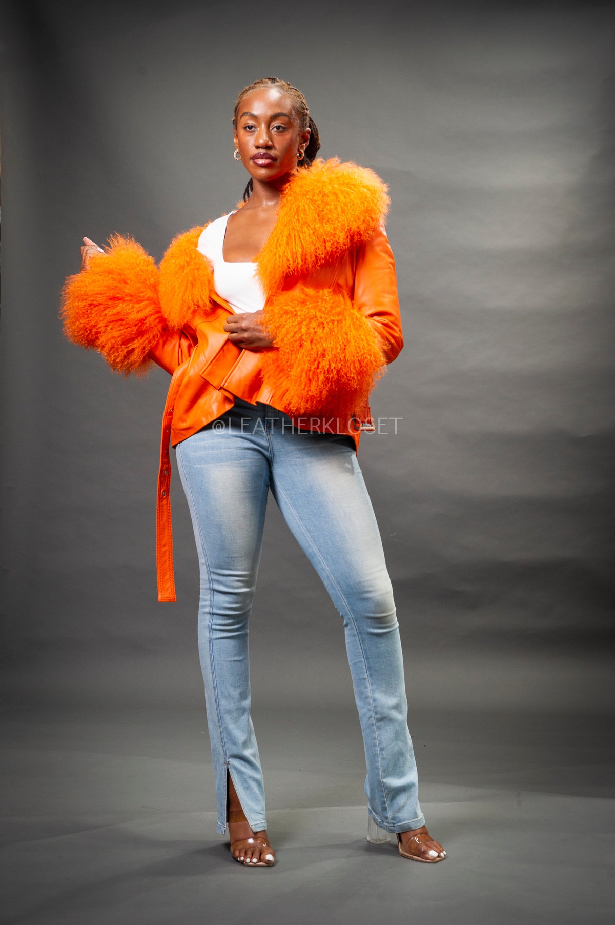Women's Zahara Leather And Fox Combo Jacket [Orange]