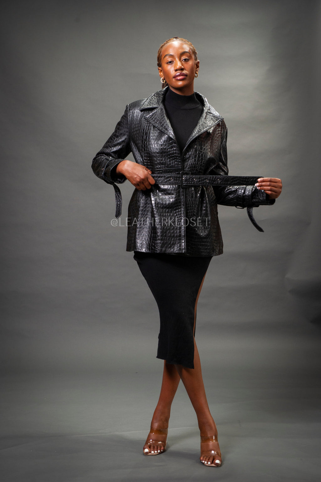 Women's Croc Embossed Double Breast Coat [Black]