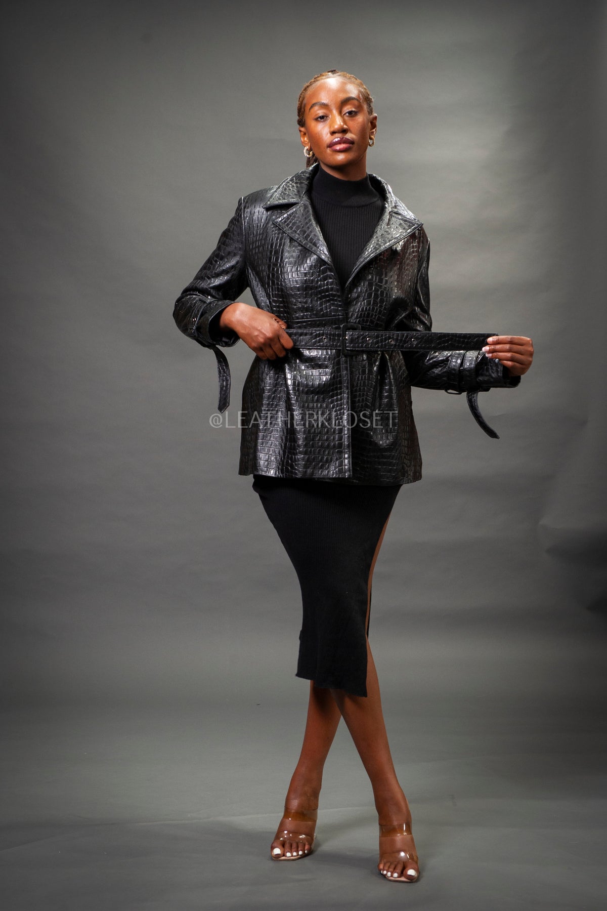 Women's Croc Embossed Double Breast Coat [Black]