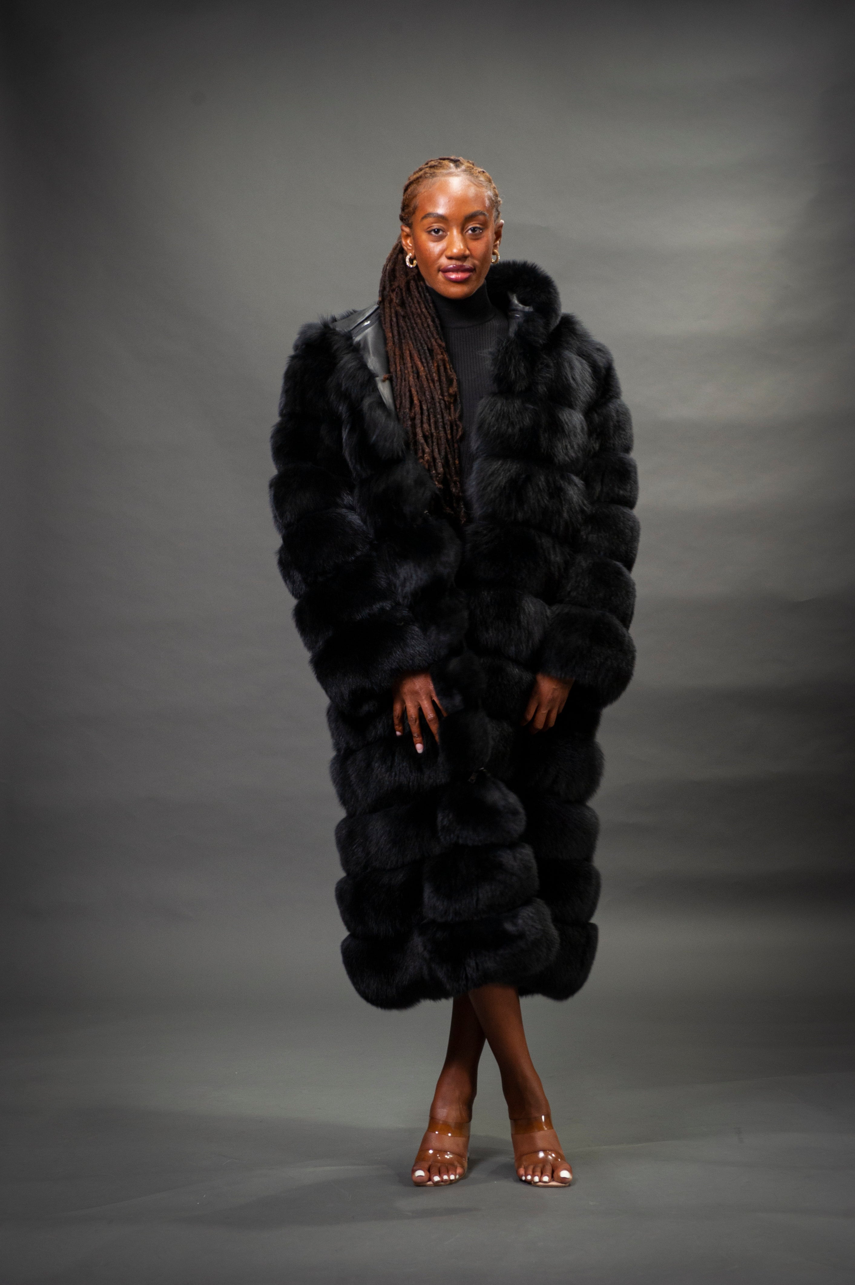 Women's Full Length Convertible Fox Trench Coat [Black