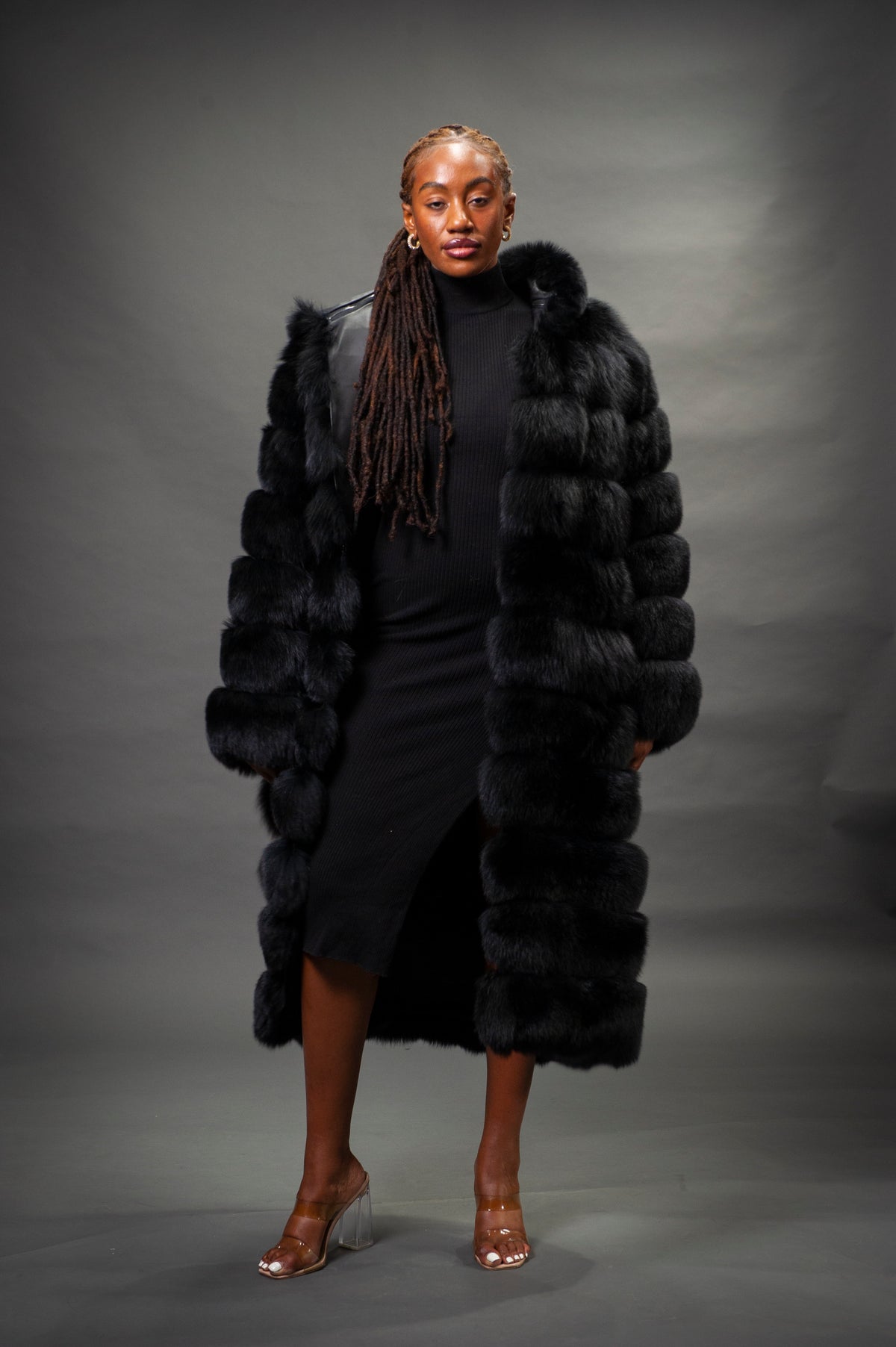 Women's Full Length Convertible Fox Trench Coat [Black]