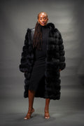 Women's Full Length Convertible Fox Trench Coat [Black]