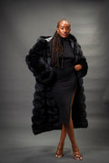 Women's Full Length Convertible Fox Trench Coat [Black]