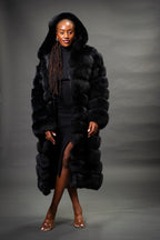 Women's Full Length Convertible Fox Trench Coat [Black]