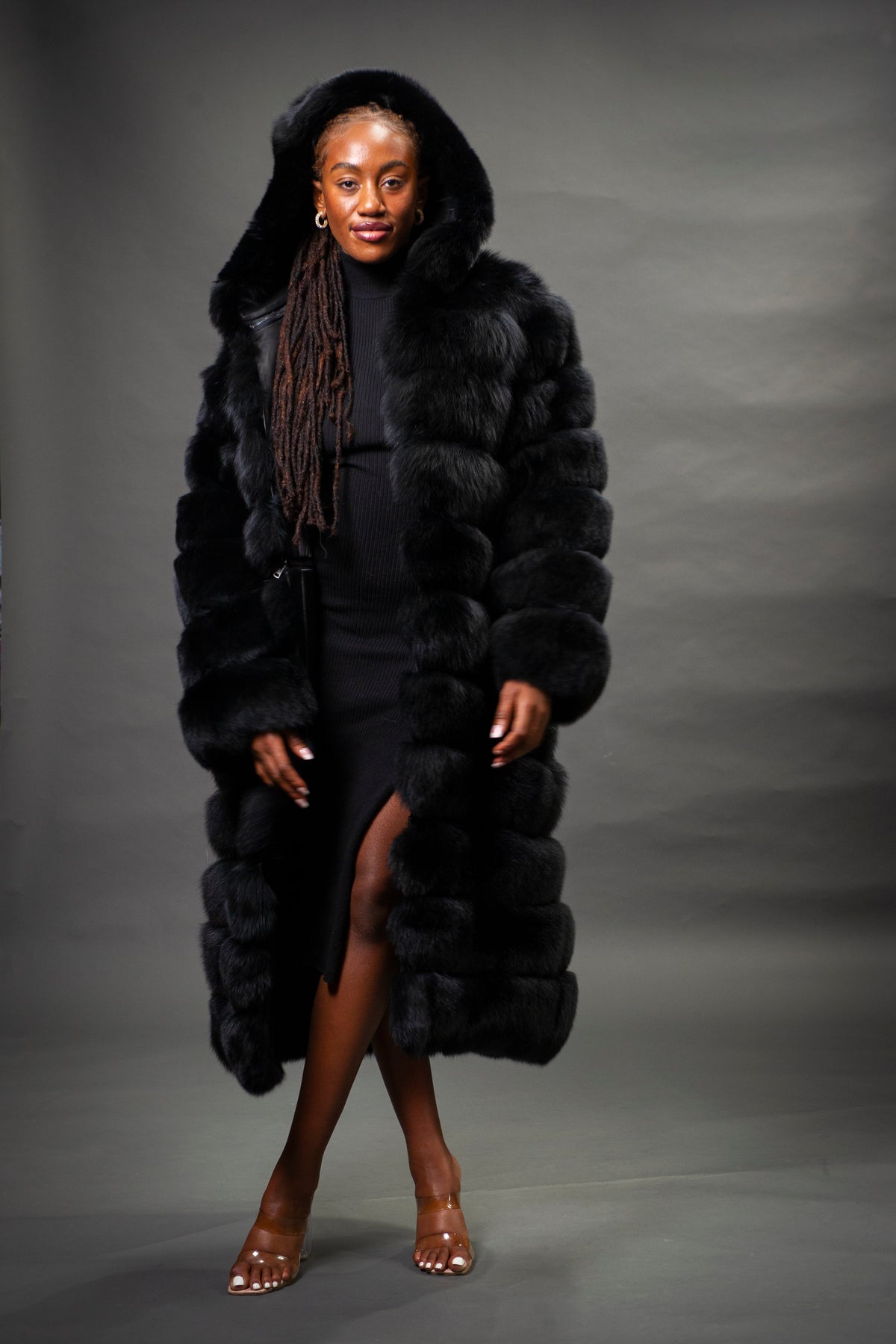 Women's Full Length Convertible Fox Trench Coat [Black]