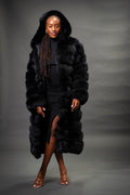 Women's Full Length Convertible Fox Trench Coat [Black]