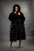 Women's Full Length Convertible Fox Trench Coat [Black]