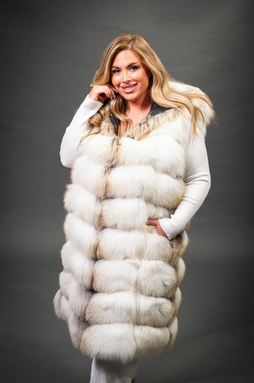 Women's Mia Fox Fur Vest With Hood [Caramel Swirl]