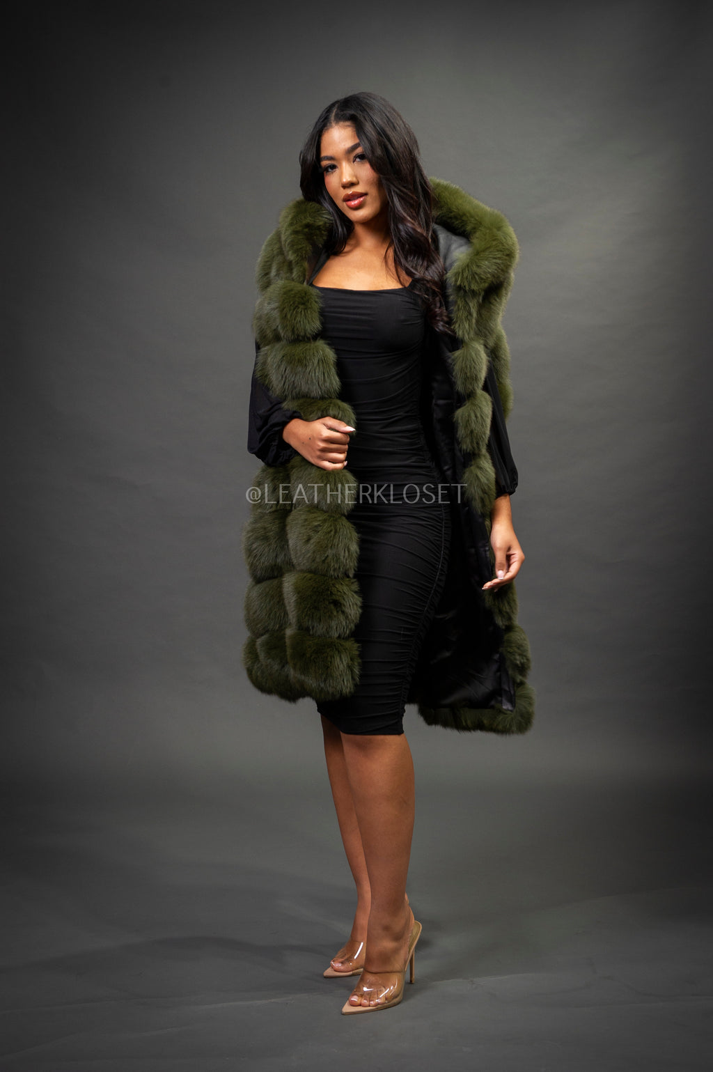 Women's Mia Fox Fur Vest With Hood [Olive Fox]
