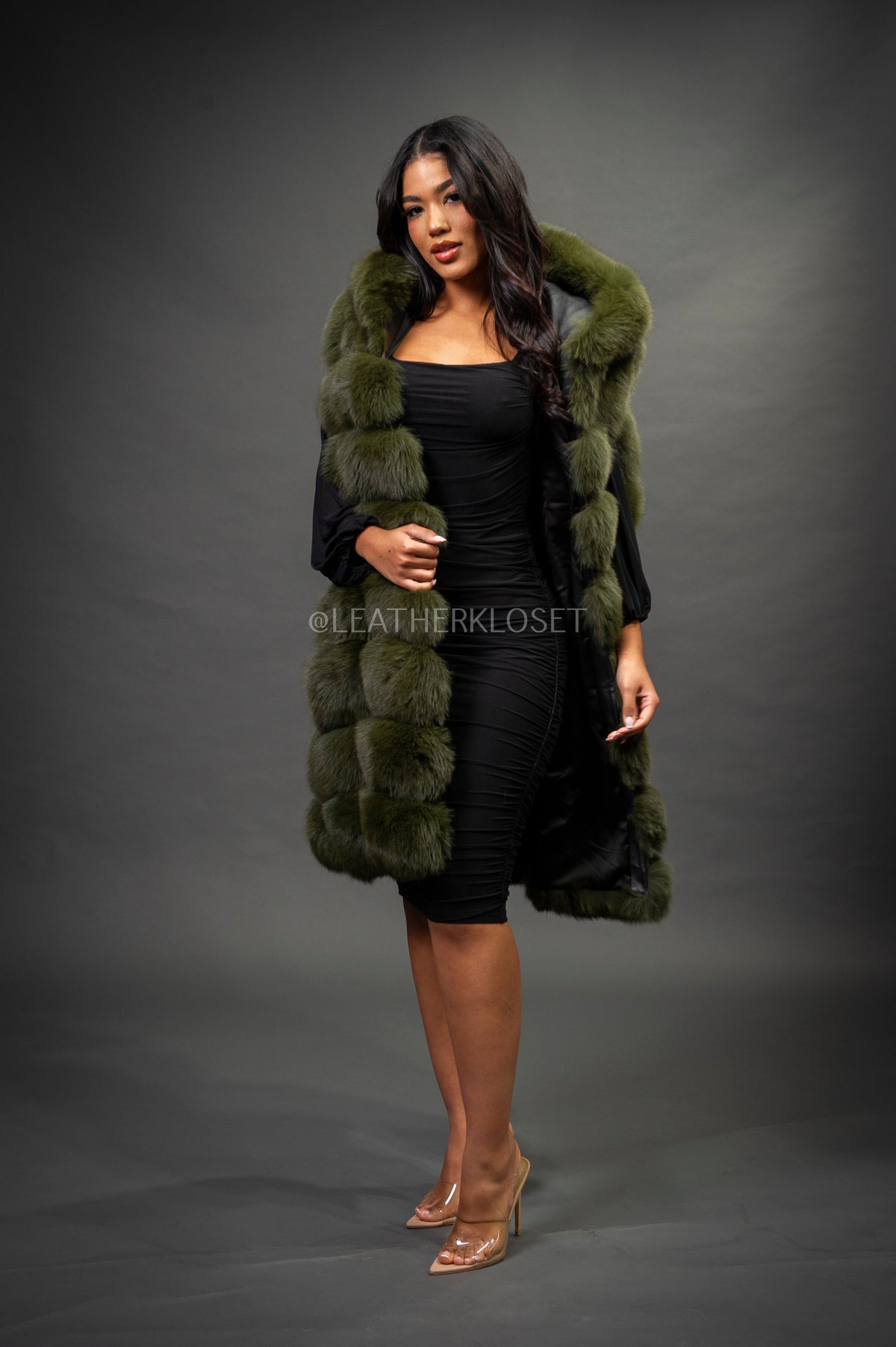 Women's Mia Fox Fur Vest With Hood [Olive Fox]