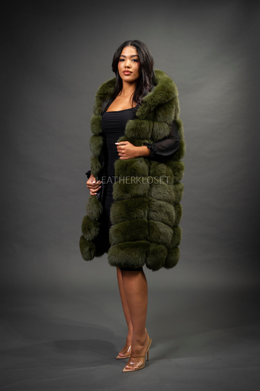 Women's Mia Fox Fur Vest With Hood [Olive Fox]