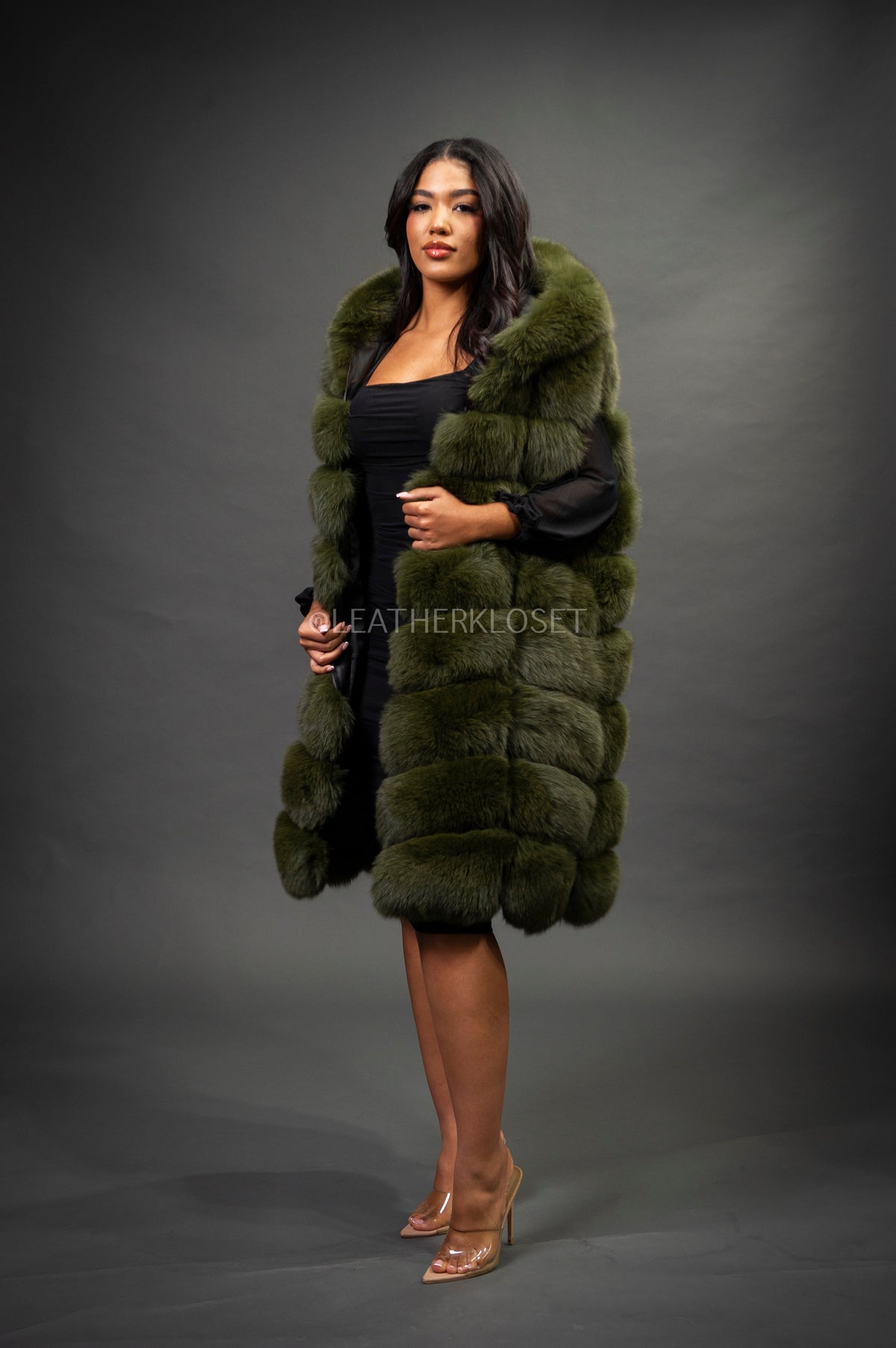 Women's Mia Fox Fur Vest With Hood [Olive Fox]