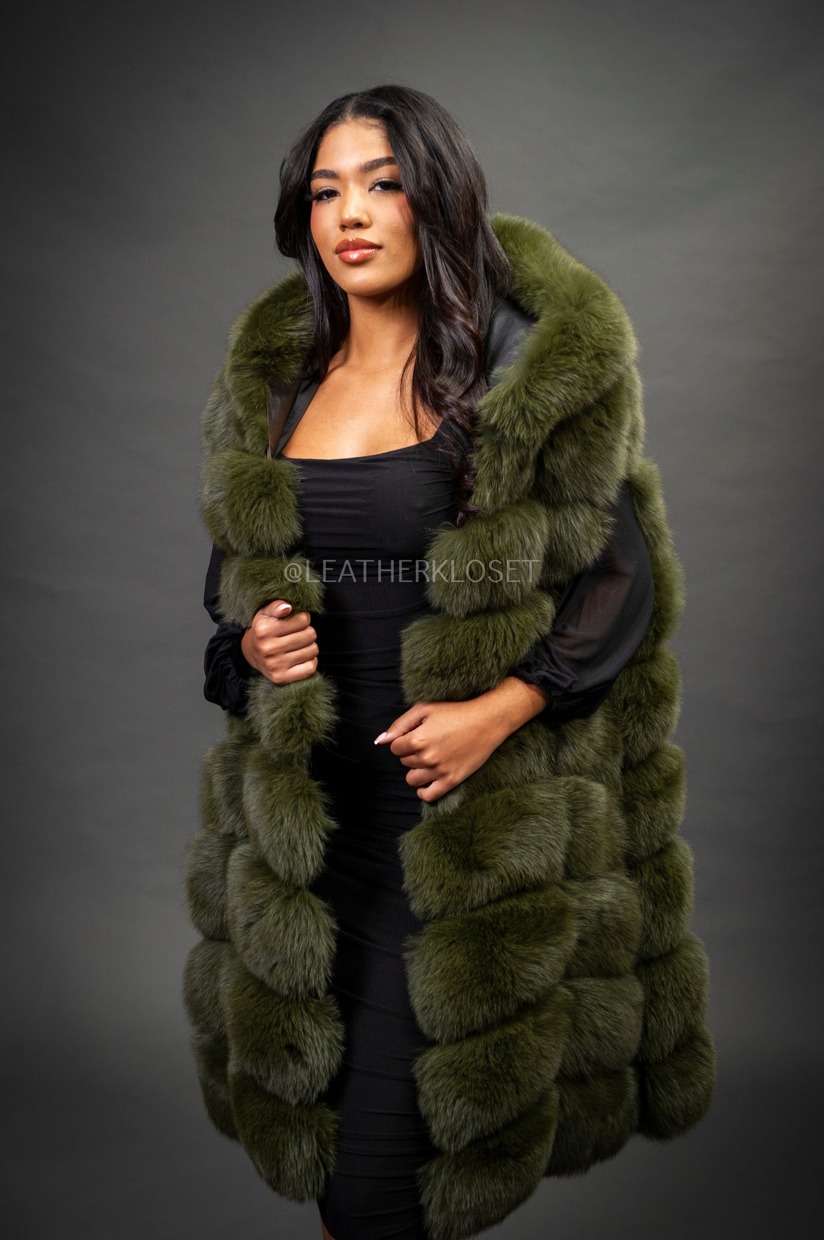 Women's Mia Fox Fur Vest With Hood [Olive Fox]
