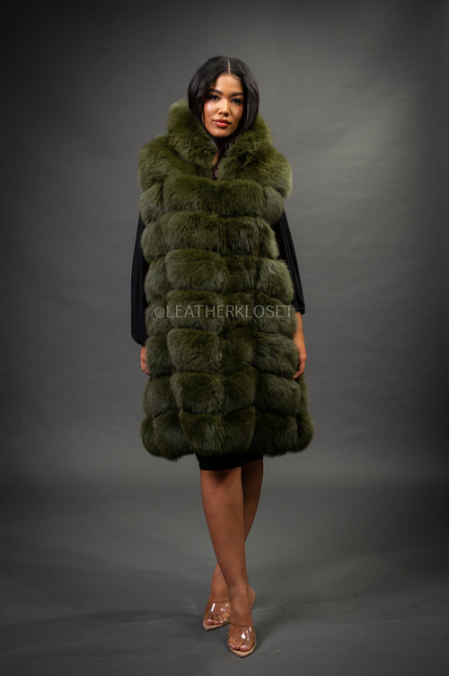 Women's Mia Fox Fur Vest With Hood [Olive Fox]