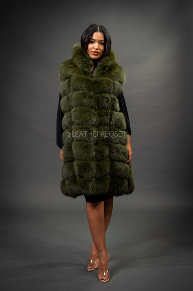 Women's Mia Fox Fur Vest With Hood [Olive Fox] – LeatherKloset