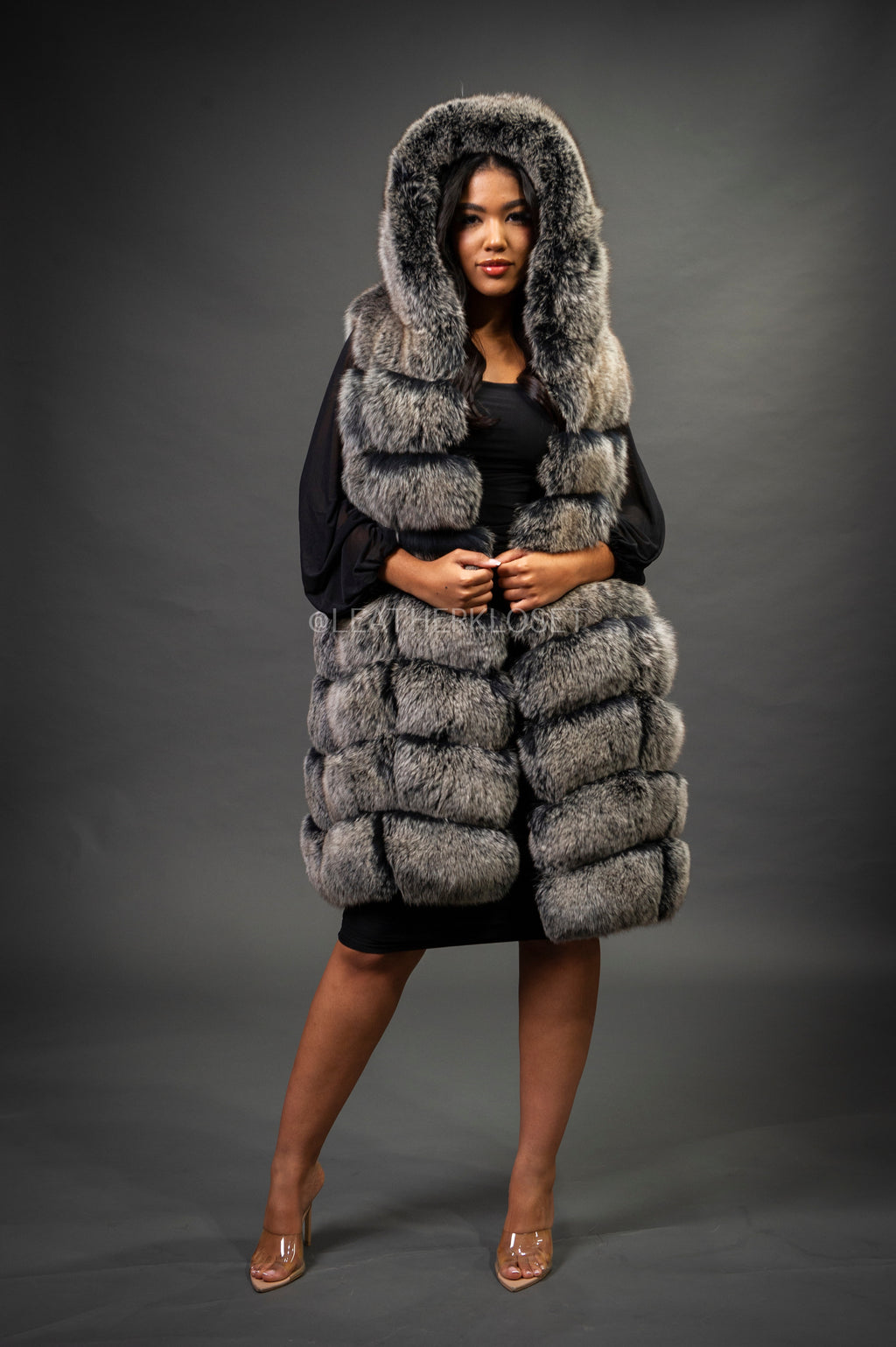 Women's Mia Fox Fur Vest With Hood [Grey Frost]