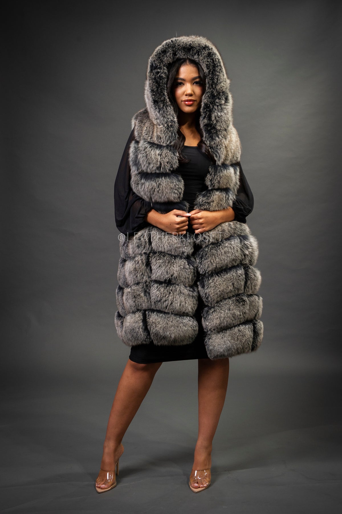 Women's Mia Fox Fur Vest With Hood [Grey Frost]
