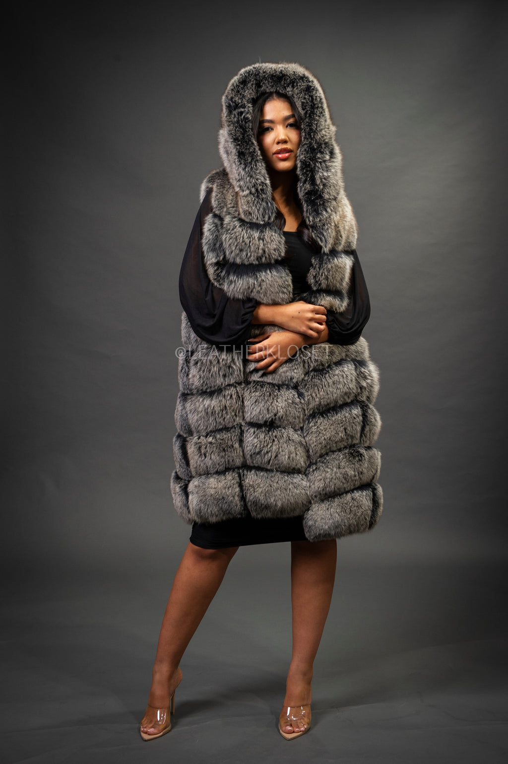 Women's Mia Fox Fur Vest With Hood [Grey Frost]