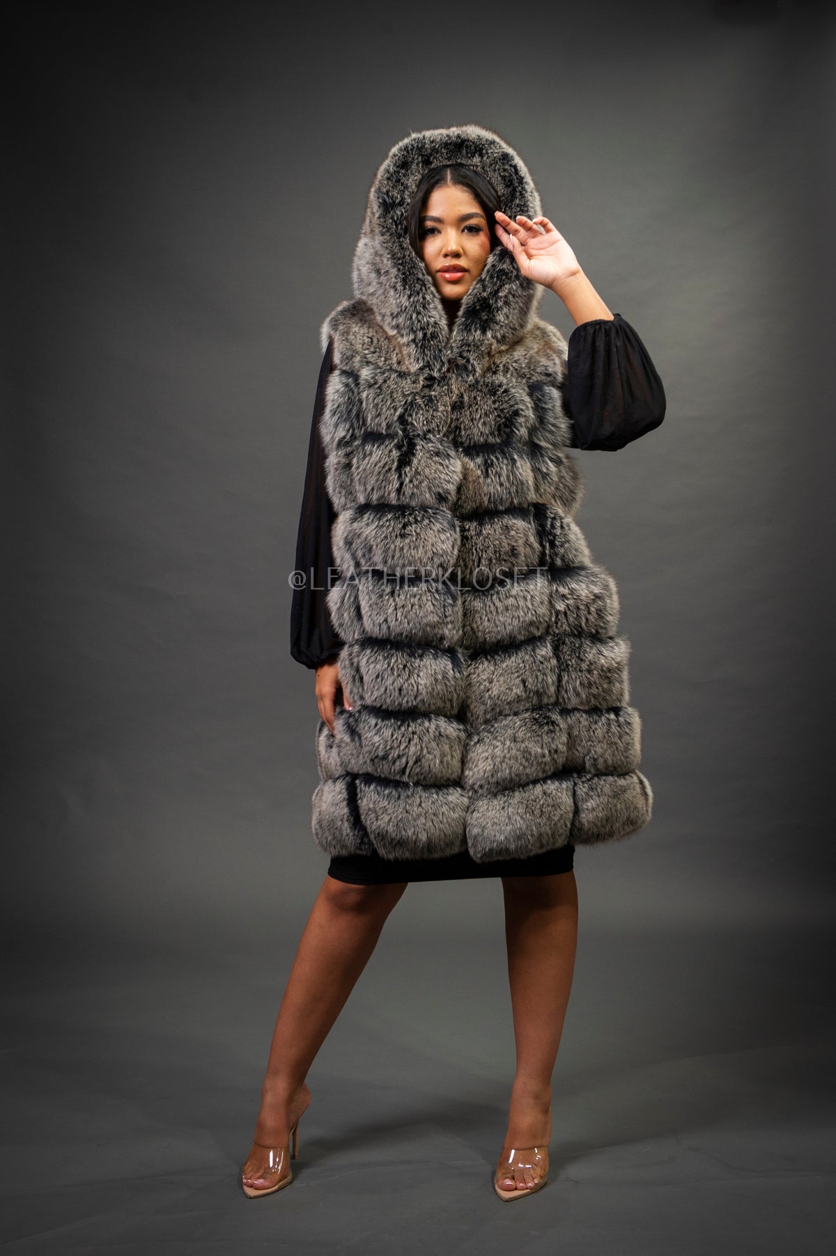 Women's Mia Fox Fur Vest With Hood [Grey Frost]