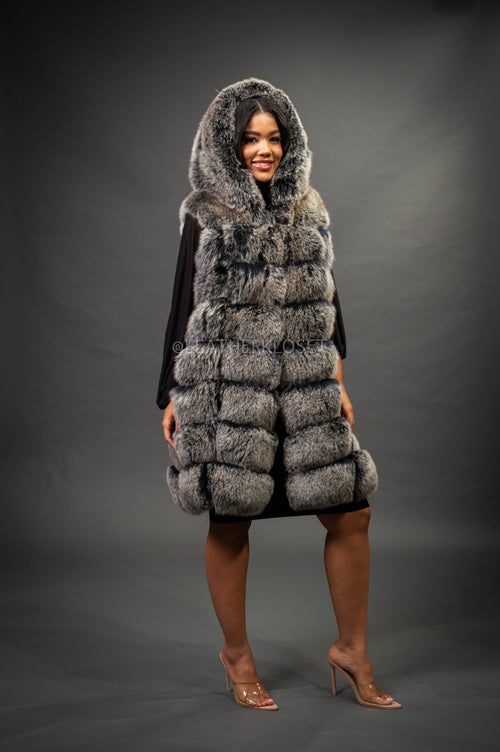 Women's Mia Fox Fur Vest With Hood [Grey Frost]