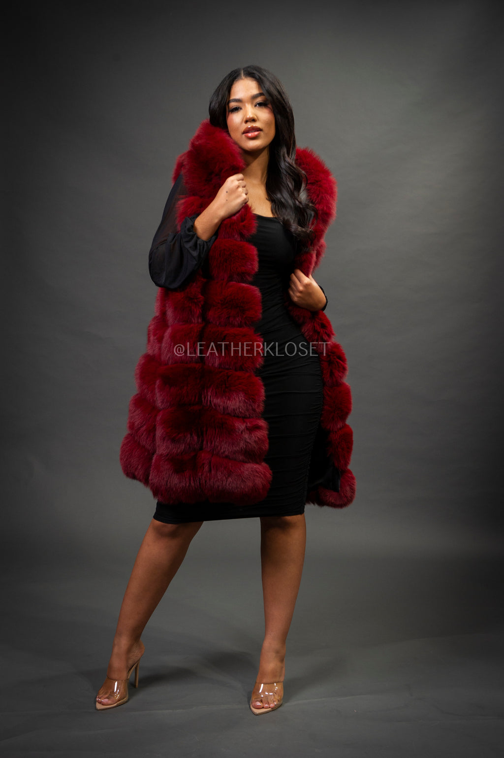 Women's Mia Fox Fur Vest With Hood [Burgundy]