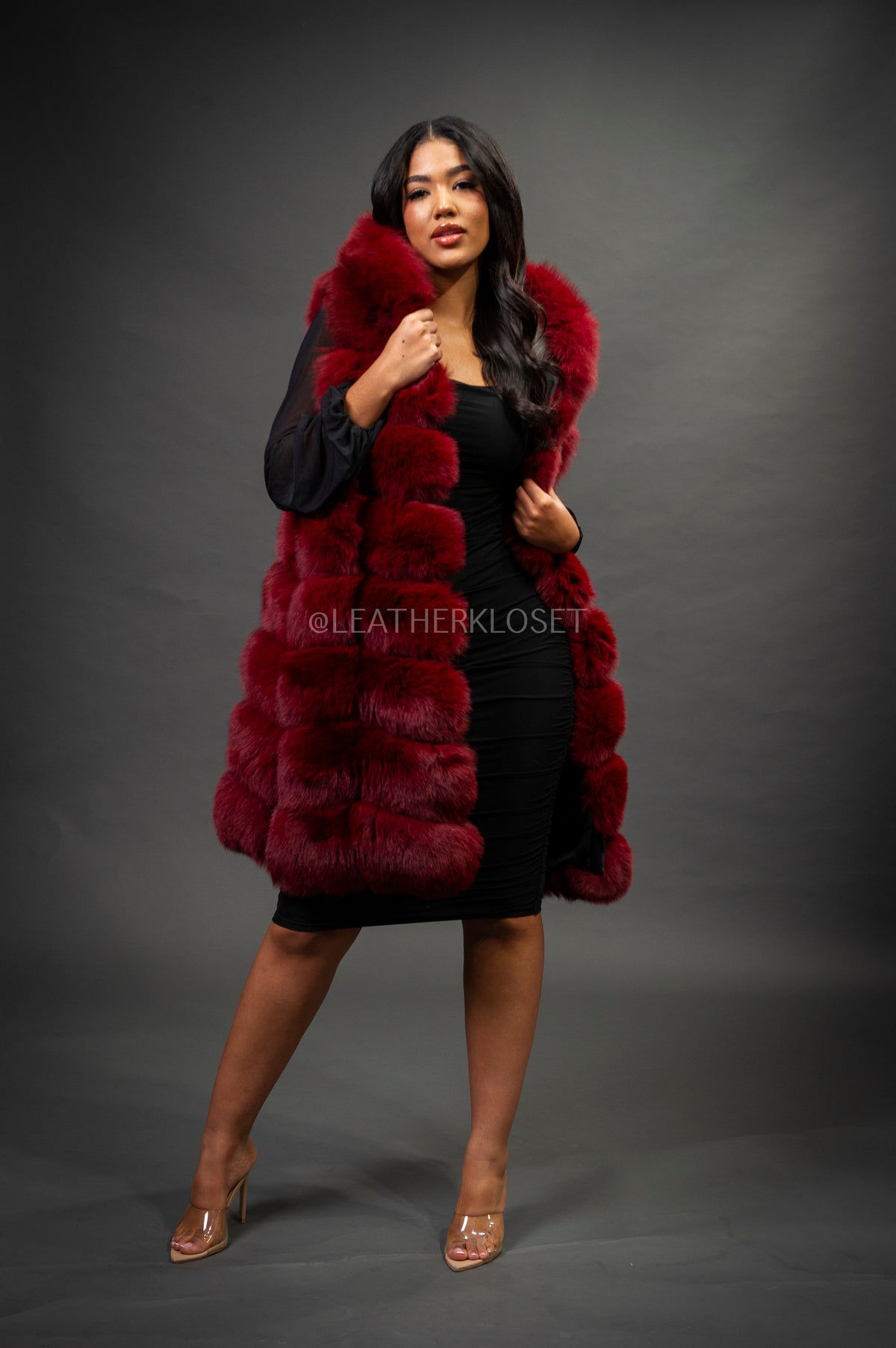 Women's Mia Fox Fur Vest With Hood [Burgundy]