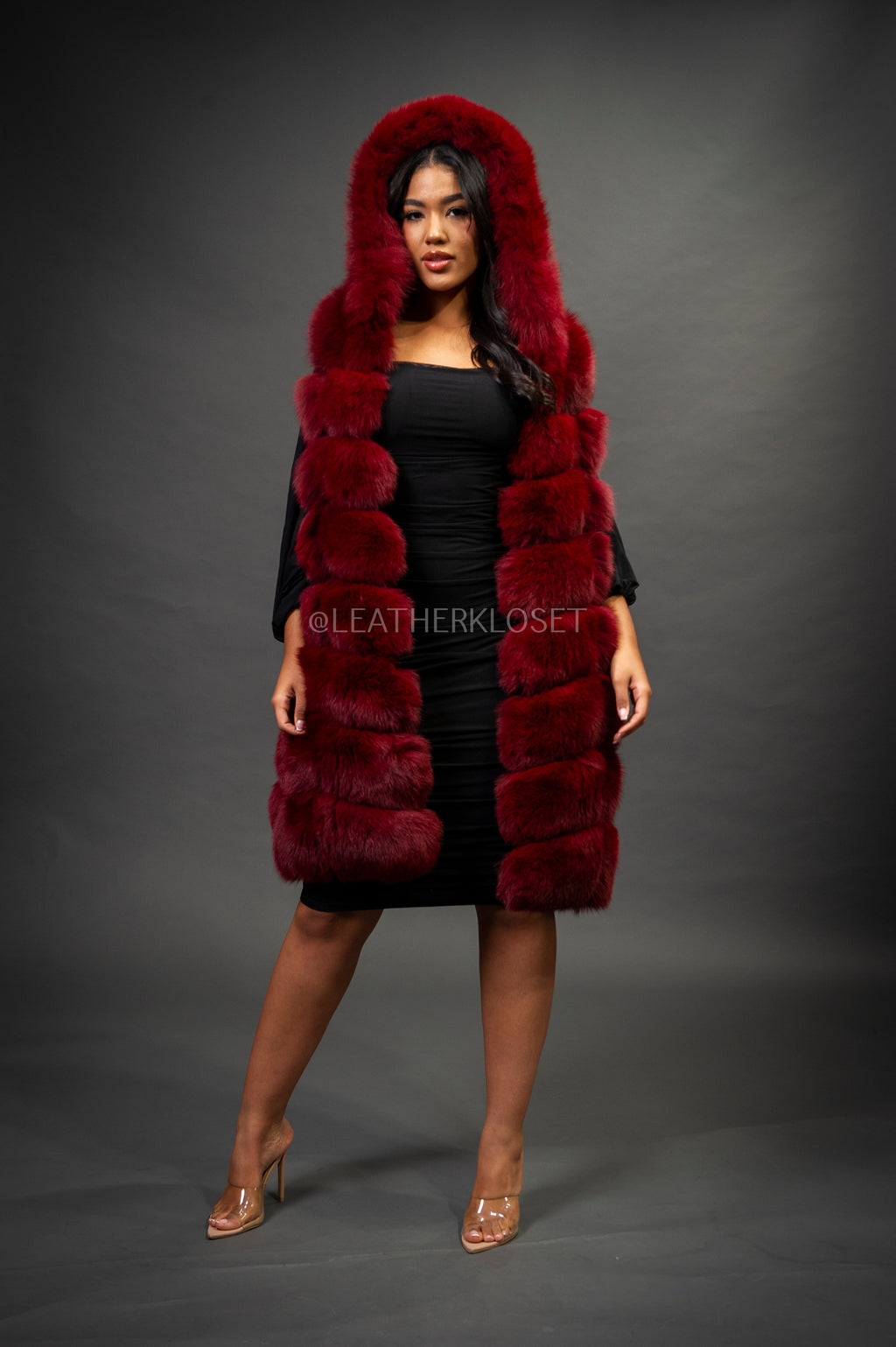 Women's Mia Fox Fur Vest With Hood [Burgundy]
