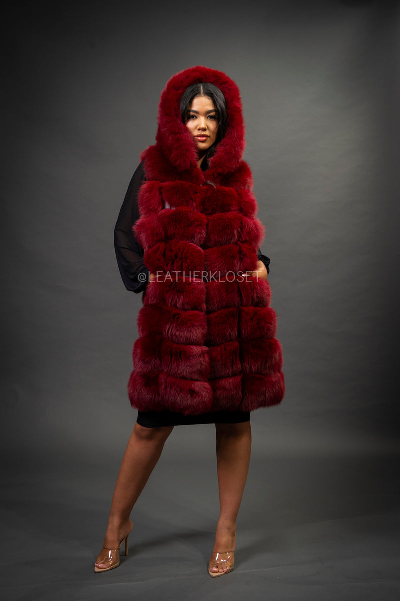 Women's Mia Fox Fur Vest With Hood [Burgundy]