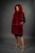 Women's Mia Fox Fur Vest With Hood [Burgundy]