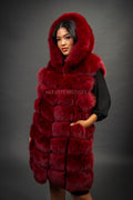 Women's Mia Fox Fur Vest With Hood [Burgundy]