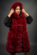 Women's Mia Fox Fur Vest With Hood [Burgundy]