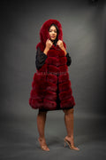 Women's Mia Fox Fur Vest With Hood [Burgundy]