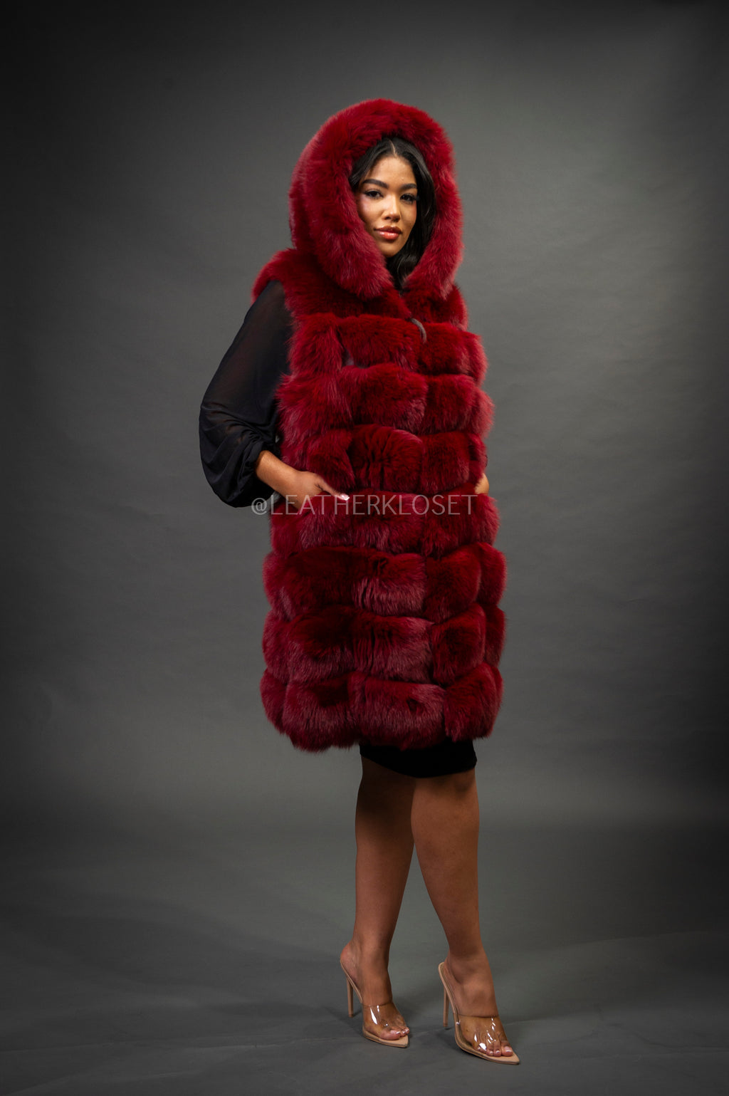 Women's Mia Fox Fur Vest With Hood [Burgundy]