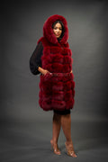 Women's Mia Fox Fur Vest With Hood [Burgundy]