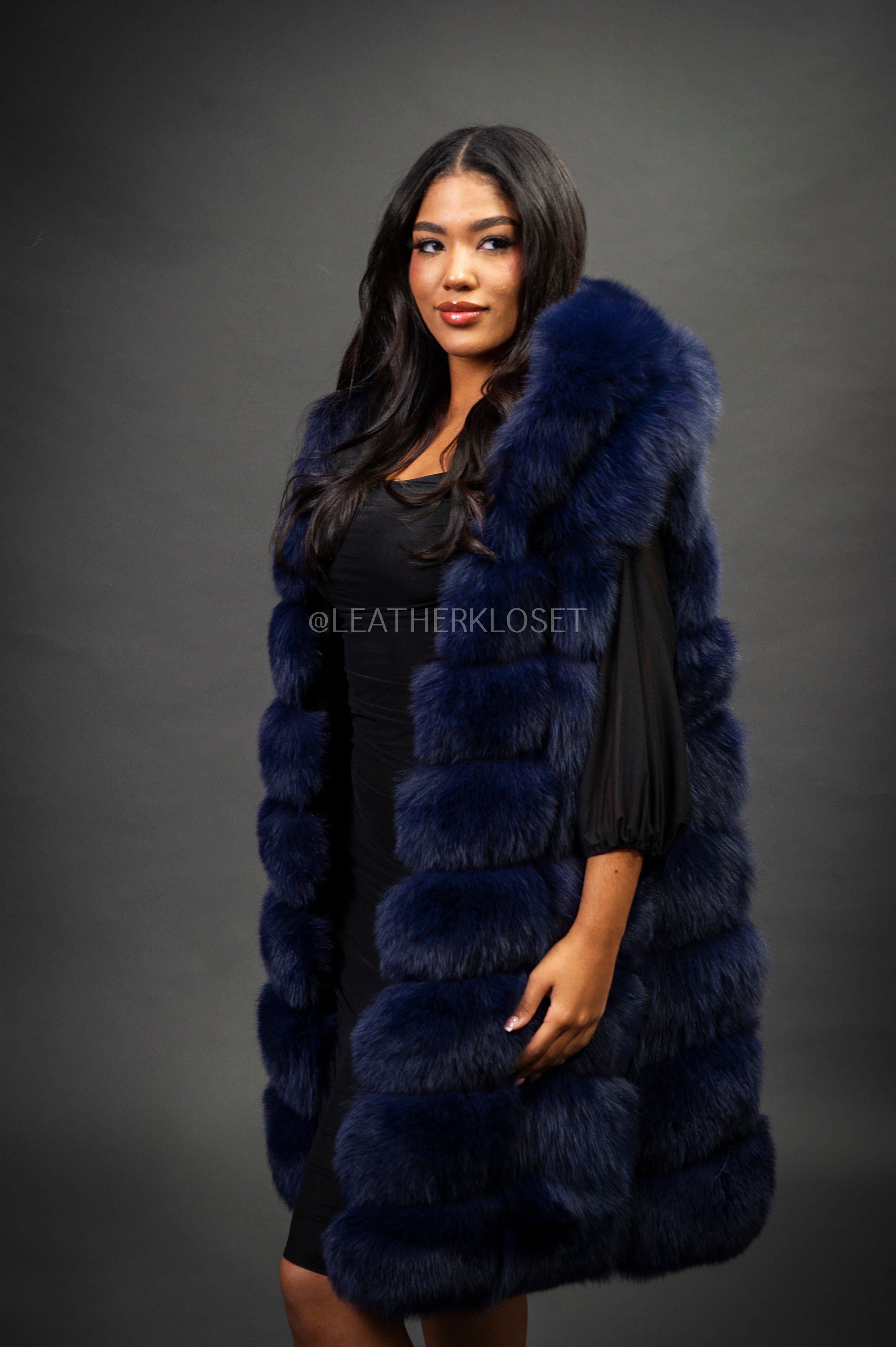 Women's Mia Fox Fur Vest With Hood [Navy] – LeatherKloset