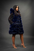 Women's Mia Fox Fur Vest With Hood [Navy]