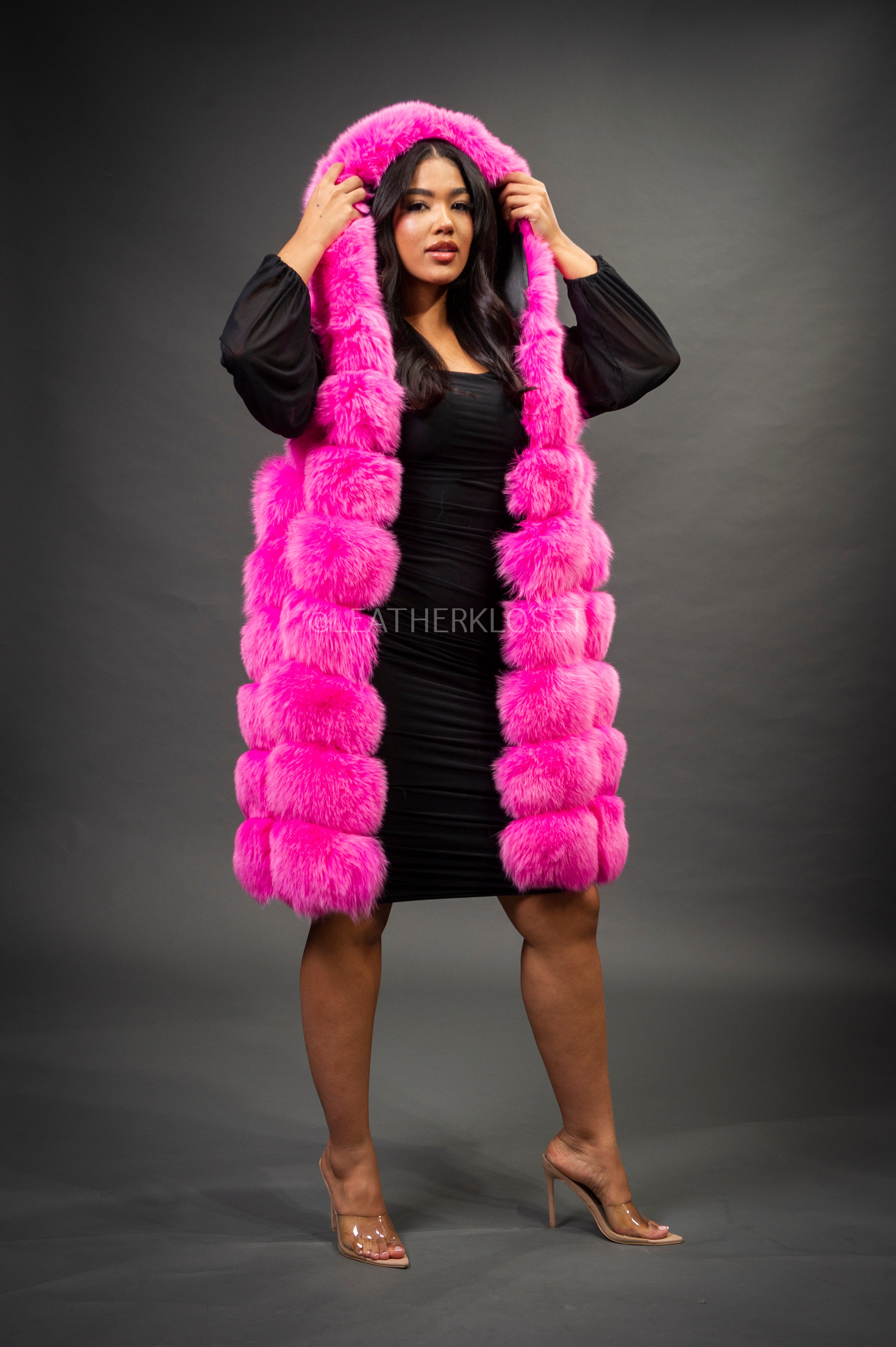 Women's Mia Fox Fur Vest With Hood [Pink] – LeatherKloset